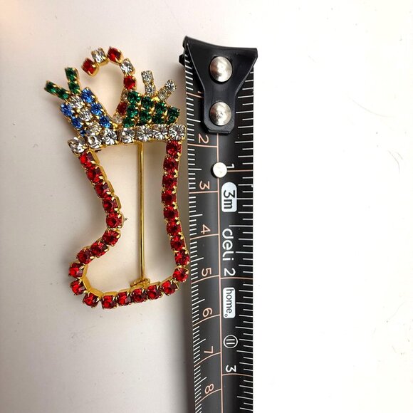VTG Fashion Jewelry Christmas Stocking Brooch Red Rhinestone Holiday Pin - Picture 4 of 4